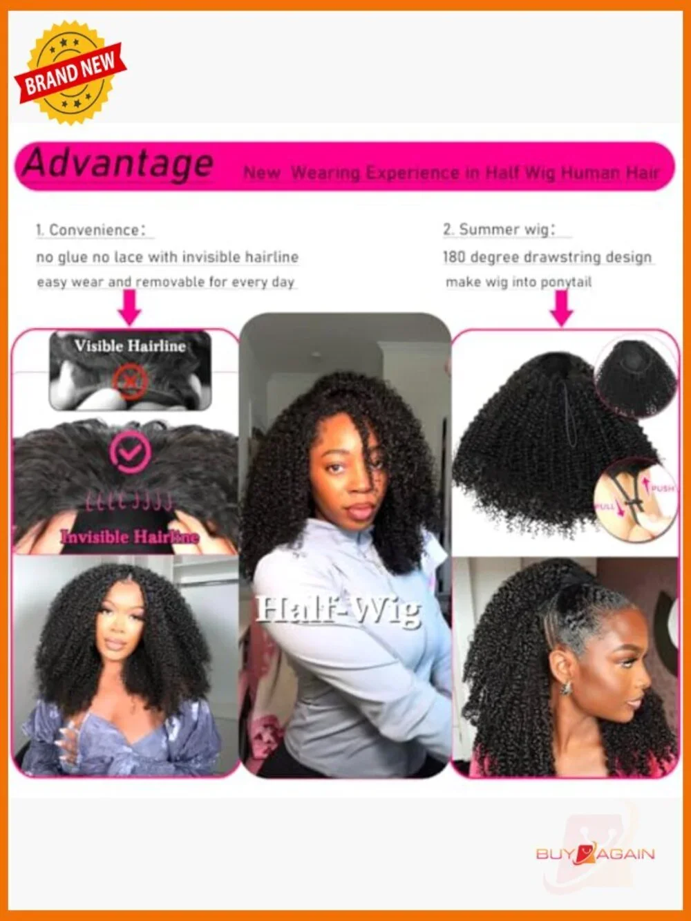 Kinky Curly 200 Density Human Hair Half Wig Drawstring Glueless Beginner